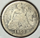 1891 90% Silver Seated Liberty Dime - Circulated - 10 Cents Coin - Dings