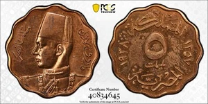 EGYPT , PROOF 5 MILLIEMES KING FAROUK 1938 PCGS PR 62 RD - TOP POP , RARE12 - Picture 1 of 3