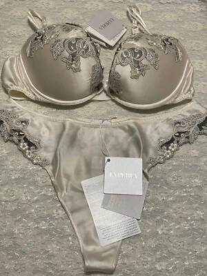 Conjunto de tanga sujetador de seda La Perla Maison 38C L bordado Frastaglio marfil Foto 1 de 2