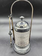 ANTIQUE VICTORIAN SILVER PLATED PICKLE CASTER WITH TONGS CLEAR CANE GLASS JAR