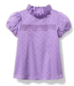 Janie and Jack Girl Swiss Dot Puff Sleeve Top Purple Pegasus Size 5 Ruffles Lace - Picture 1 of 7