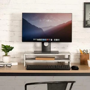 2-Tier Rustic Decorative Whitewashed Wood Computer Monitor Stand & Desktop Shelf - Picture 1 of 5