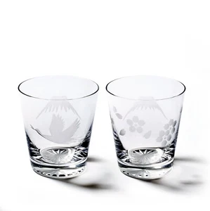Edo Kiriko Old Glass Pair Mt. Fuji with Crane & Sakura Design Suki Clear TABLEAU - Picture 1 of 7