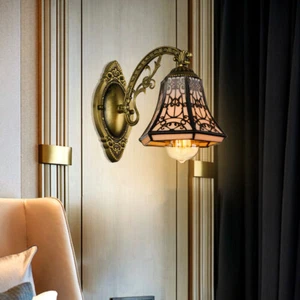 Antique Brass Wall Sconce 1 Light Wall Mount Lamp Bell Glass Shade Bedroom Light - Picture 1 of 8