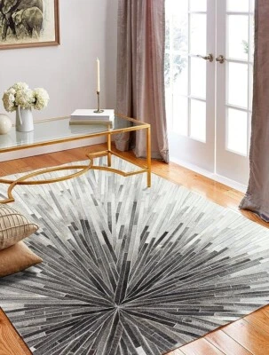 Genuine Cowhide Leather Patchwork Rug  – Modern Hairon Area Carpet - Image 1 of 4