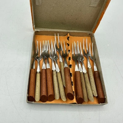 Set of 13 Vintage MCM Stainless Steel Wood Handled Cocktail Party Forks 4" - Image 1 of 4