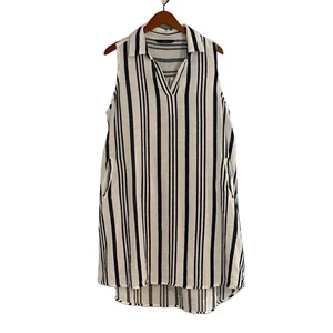 Cotton V-Neck Collared Sleeveless Navy, White Stripe Shirt Dress/Cover-Up L - Picture 1 of 9
