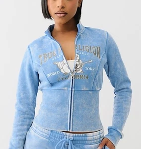 Giacca donna True Religion in pile con cerniera taglia M manica lunga blu $129 - Foto 1 di 6