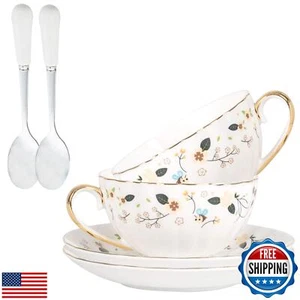 A-SZCXTOP Porcelain Tea Cup Set of 2, Ceramic Coffee Cups (8 oz) with Saucers - Picture 1 of 5