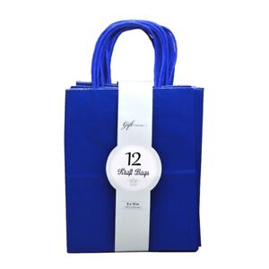 12 Blue Medium Kraft Paper Party Shopping Gift Bags with Handles Retail - 10x8x4