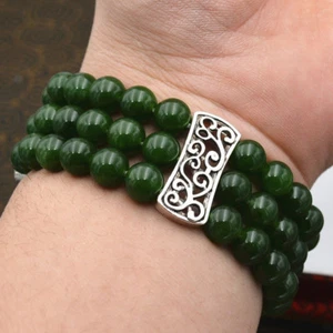 New 3row Natural 8mm Dark Green Jade Beads Stretch Tibetan silver Bracelet - Picture 1 of 5