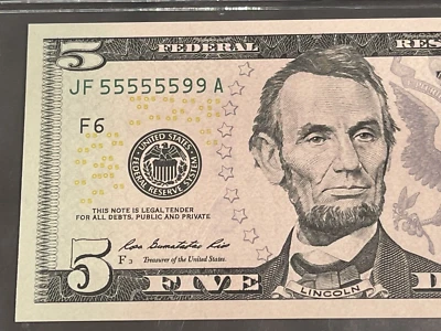 Rare! 2009 $5 Binary Fancy Serial Number 55555599 Graded PCGS Banknote 62 PPQ! - Image 1 of 4