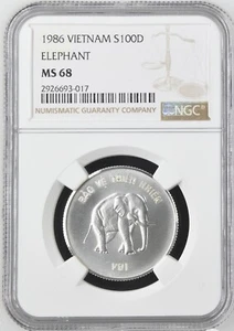 1986 Vietnam 100 Dong Silver World Coin ~ NGC MS68 ~ Elephant - Picture 1 of 5