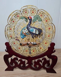 Vtg Chinese Enameled Gold Filigree Cloisonne Birds Plate w/Hand Carved Stand - Picture 1 of 24