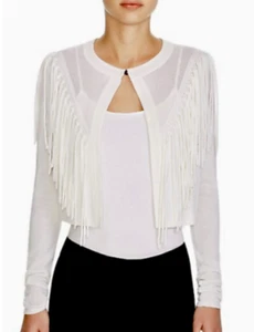 Elie Tahari Mikah Merino Fringe Trim Crop Sweater Antique White NWT $328 - Picture 1 of 3