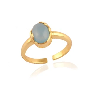 Natural Small Oval Blue Chalcedony Stone Gold Plated Stacking Adjustable Ring - Picture 1 of 6