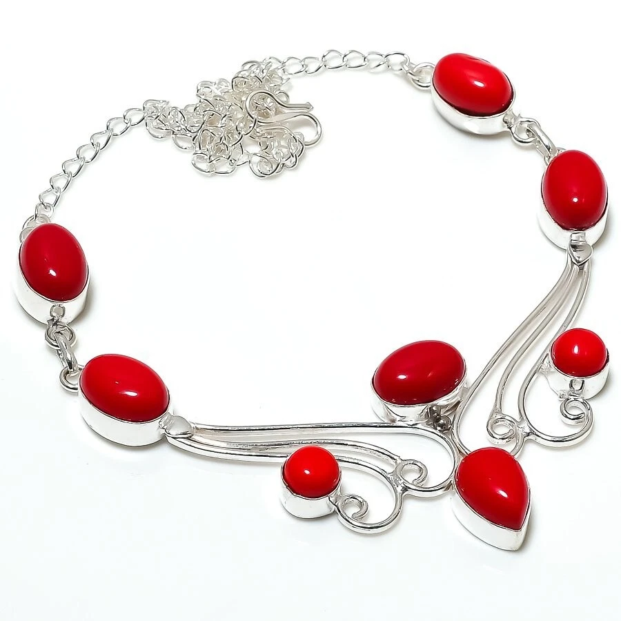 Collar de joyería de plata de ley 925 hecho a mano con piedras preciosas de coral rojo talla 18"" Foto 1 de 1