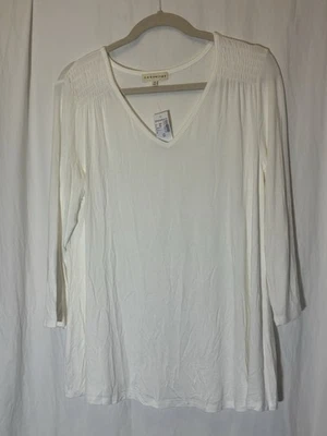Dressbarn Retrology Women's M Top Smocked Shoulder White Long Sleeve NWT AA6 - Image 1 of 4