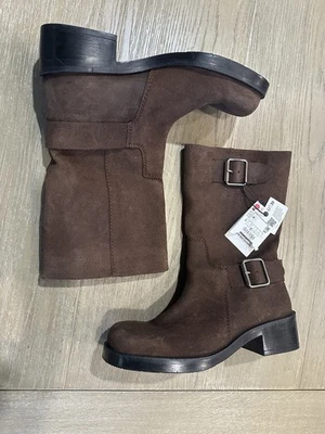 Botas de gamuza Zara para mujer con hebilla EE. UU. 7,5 UE 38 cuero marrón grueso cuadrado Foto 1 de 4