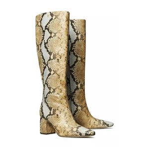 Nuevas Botas Altas Tory Burch Banana Estampado Serpiente Hasta la Rodilla Puntera Cuadrada 7.5 - Imagen 1 de 12