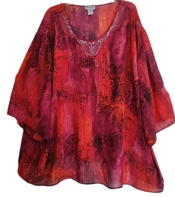 Maggie Barnes for Catherines Tunic Womens 4X Purple red print sequins semi sheer - Image 1 of 4