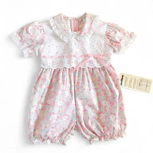 READ - NWT Vintage 80s Romper Baby Girls 12 Mos Floral Eyelet Pink Cottagecore - Picture 1 of 16