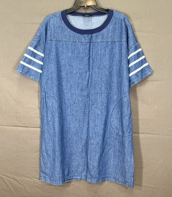 LUMIERE Chambray синий хлопок джинсовой ткани в полоску рукав карманы повседневный SHIFT платье L - Изображение 1 из 4
