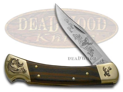 Buck 110 Folding Hunter Knife Ten Point Buck Ebony Wood Stainless Pocket Knives - Image 1 of 4