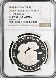 1998 SOLOMON ISLANDS SILVER $10 DIANA PRINCESS OF WALES AT THE RACES - NGC PF69 - Picture 1 of 2