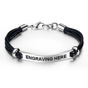 Stainless Steel Men's 8" Black Leather & Bead Bracelet-Engraving Free - Picture 1 of 5