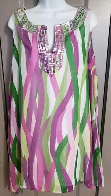 Moda Bug TOP Túnica Lentejuelas Forrada Brillante Poli ASIMÉTRICA Bonita Usada en Excelente Condición  Foto 1 de 4