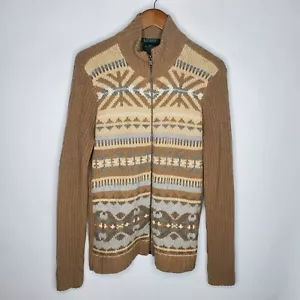 Ralph Lauren Womens Vintage Tan Fair Isle Full Zip Up Cardigan Wool Angora Warm - Picture 1 of 8