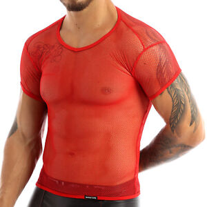 Mens Mesh Muscle Fishnet T-Shirt See-through Short Sleeve Club Party Tank Top