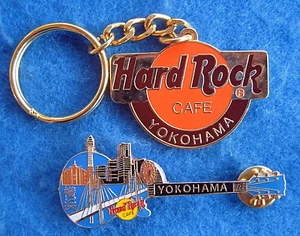 YOKOHAMA JAPANESE ORANGE LOGO KEYCHAIN & CITY SKYLINE GUITAR PIN Hard Rock Cafe - Picture 1 of 1