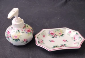 Vintage Croscill by Bathelle Ceramic Pink Floral Bath Soap Dish and Lotion Pump - Picture 1 of 15