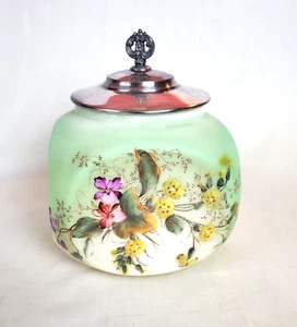 Antique Satin Glass Biscuit/Cracker Jar/Barrel w/Floral Design & Finial Lid - Picture 1 of 8