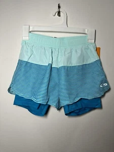 C9 Champion Girls' 2 in 1 Woven Run Shorts Ice Fall Blue Stripe Lg - Picture 1 of 2