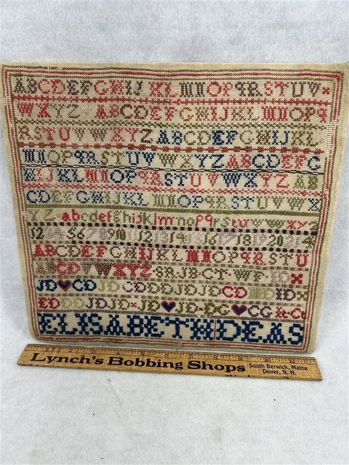 antique unframed sampler colorful 12x11 Elisabeth Deas mid 19thc original  - Image 1 of 4