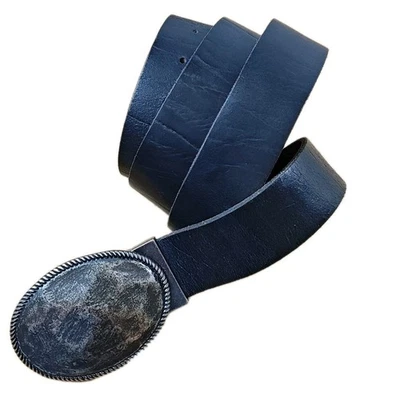 Vintage England Express Black Leather Belt Sz 40 Hammered Gunmetal Oval Buckle  - Image 1 of 4