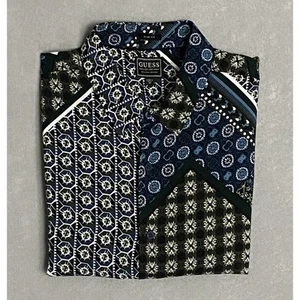 Guess Men's Medium Casual Button Up Shirt Black/Blue/White Geo Tile Print NEW - Picture 1 of 12