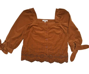 Madewell Top Embroidered Eyelet Ribbed Corduroy Tie Sleeve Shirt XS Warm Coffee - Picture 1 of 18