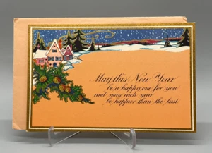 Biglietto Auguri Vintage Capodanno Villaggio, Accento Oro, Busta, Mai Usato - Foto 1 di 6