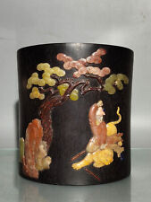 Chinese Red Sandalwood Inlay Gem Handmade Exquisite Figure Brush Pot 14930