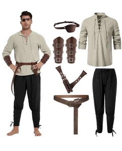 New WISHU 7 Pcs Pirate Costume Halloween Medieval Renaissance Viking Men's XXL - Picture 1 of 4