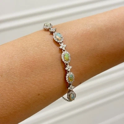 Pulsera de plata de ley 925 5x3 mm ópalo natural piedras preciosas circón flor mujer NUEVO Foto 1 de 4