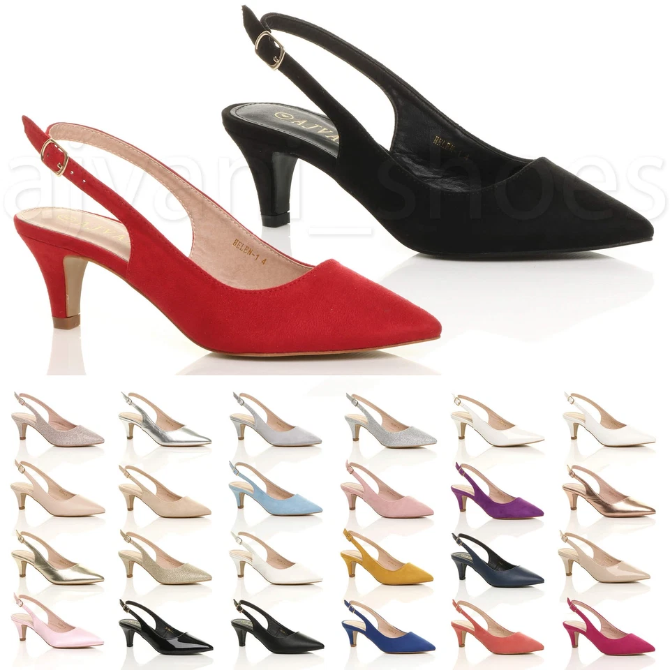 AJVANI DAMENSCHUHE NIEDRIGER MITTELHOHER ABSATZ 50er SLINGBACK SCHNALLE SPITZ OFFENER RÜCKEN GRÖSSE