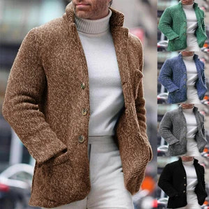 Cárdigan cálido de invierno para hombre Suéter Tejido con cable Botón Algodón Suéter Bolsillos Prendas para el torso - Imagen 1 de 12