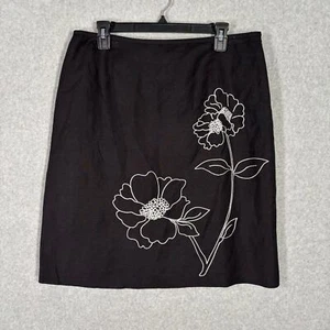 Le Suit Collections Skirt 14P Black Linen Floral Embroidered Knee Career Church - Picture 1 of 13