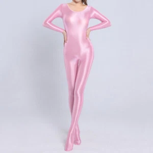 Womens Smooth Shiny Satin Glossy Full Bodystocking Long Sleeve Jumpsuit Bodysuit - Picture 1 of 18