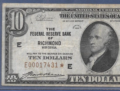 1929 $10  FRBN  "RICHMOND"  ♚STAR♚  ♚STAR♚   PCGS VERY FINE 20   HARD TO FIND!!! - Image 1 of 3